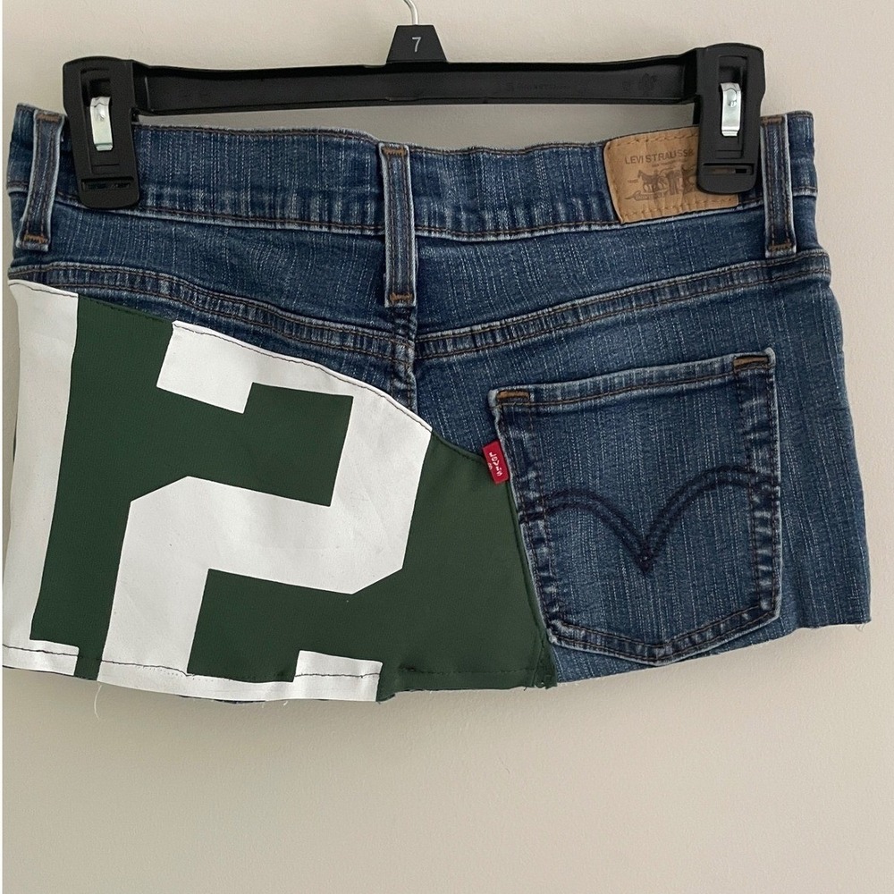 Levi's Reworked Denim Mini Skirt Upcycled Green Jersey Number 12